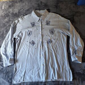 National Shirt Womens XL Blue White Gingham Embroidered Butterfly Cotton
